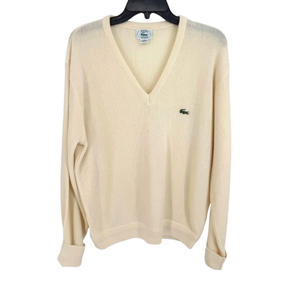Izod Lacoste Sweater Men Lg Cream V-Neck Orlon Acrylic Vintage 80s Preppy